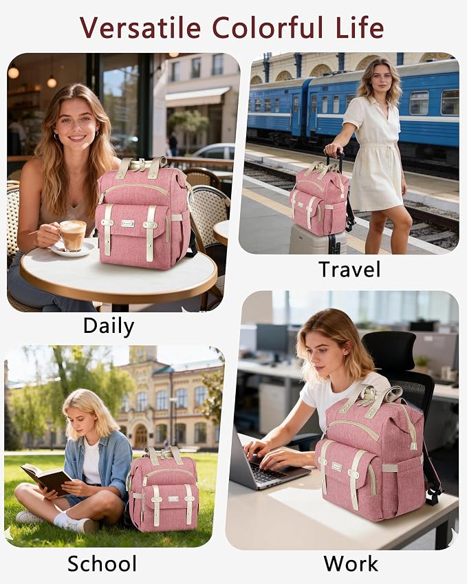 FALANKO Backpack for Women,Wide Open Work Large Student Bookbag for 15.6 Inch Laptop,Doctor Teacher Nurse College School Travel Bag,Water Resistant Laptop Bookbag Computer Back Pack Pink - Image 8