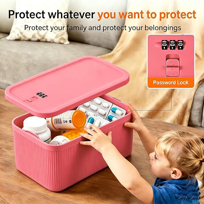 Lockable Storage Box, Large Lock Box with Combination Code – 2 inch Taller Version for Medication Safe, Phone Jail, Food Snacks, First Aid Kits, Refrigerator, Office, School, Home,Pink - Image 3