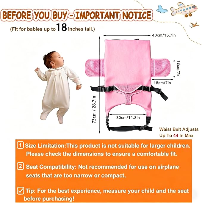 Toddler Airplane Bed, Pink, Baby Travel Essentials, 31 * 17Inch | Portable Seat Extender Travel Bed for Kids, Soft Baby Travel Essentials for Flying, Long Flight Must Haves Footrest - Image 2