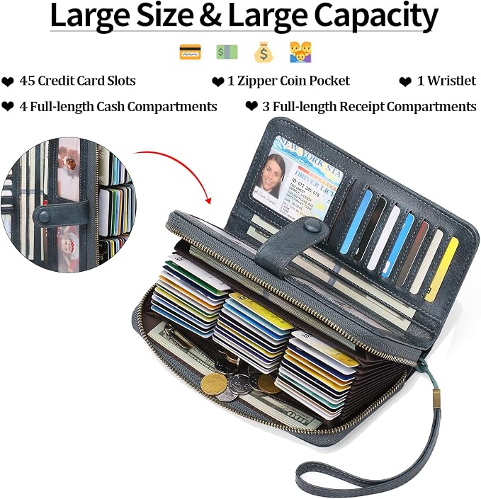 GAEKEAO Leather Credit Card Holder Wallet for Women RFID Blocking Large Capacity Bifold Zipper Card Case Organizer with Wristlet 45 Slots - Image 2