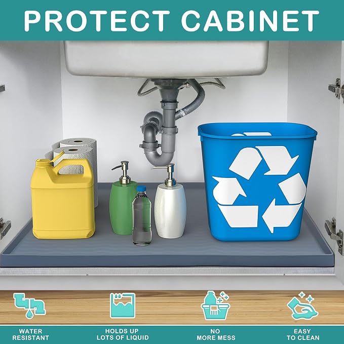 URMONA Waterproof Silicone Under Sink Mat 25'' x 19'' Shelf Liner for Kitchen and Bathroom, Cabinet and Counter Protector, Storage and Organizers, Litter Mat, Pet Cat Puppy Essentials(Green) - Image 2