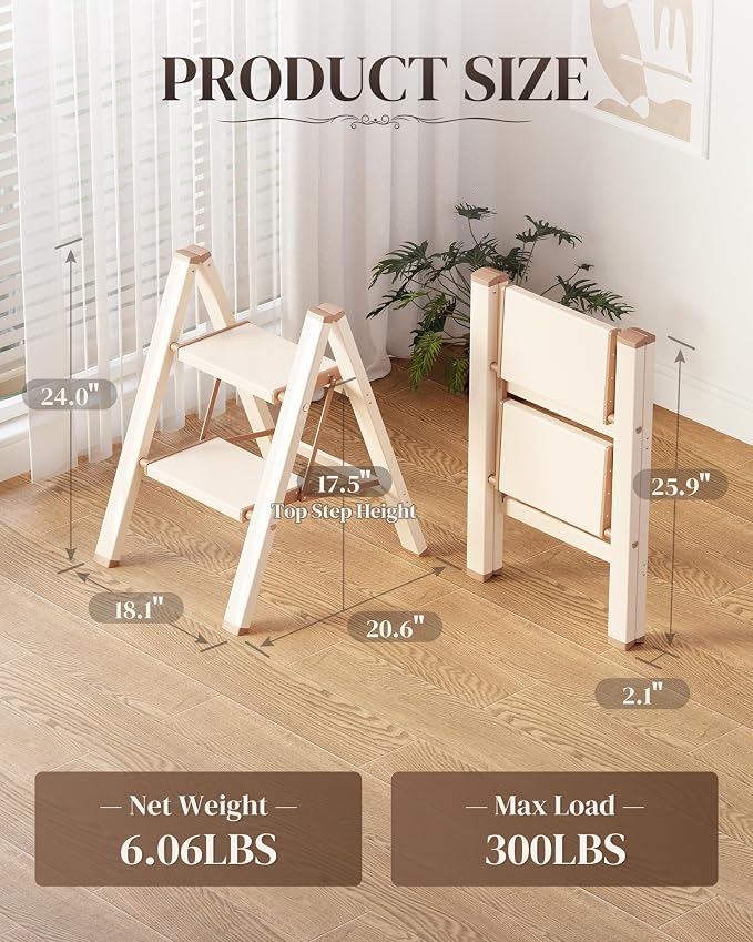 2 Step Ladder, Foldable Aluminum Step Stool with Anti-Slip Pedal | Lightweight yet Sturdy, Portable, Non Slip Feet, 300Lbs Capacity, Elegant Look, for Kitchen, Closet, Pantry, Cream Chocolate - Image 6