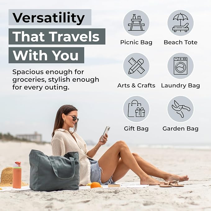 VeraMia Canvas Grocery Bag 3pc XL Set with Real Pockets, Long Shoulder Strap and Short Handle. Heavy Duty, Foldable, Washable - Image 5