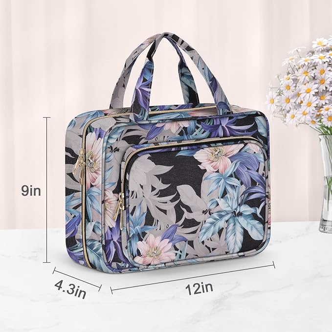 Toiletry Bag for Women, Large Cosmetic Travel Bag, Hanging Toiletry Bag for Bathroom, PVC Waterproof Makeup Bag, Toiletries Bag for Travel Business Trips and Camping, Black+Brown Floral - Image 6
