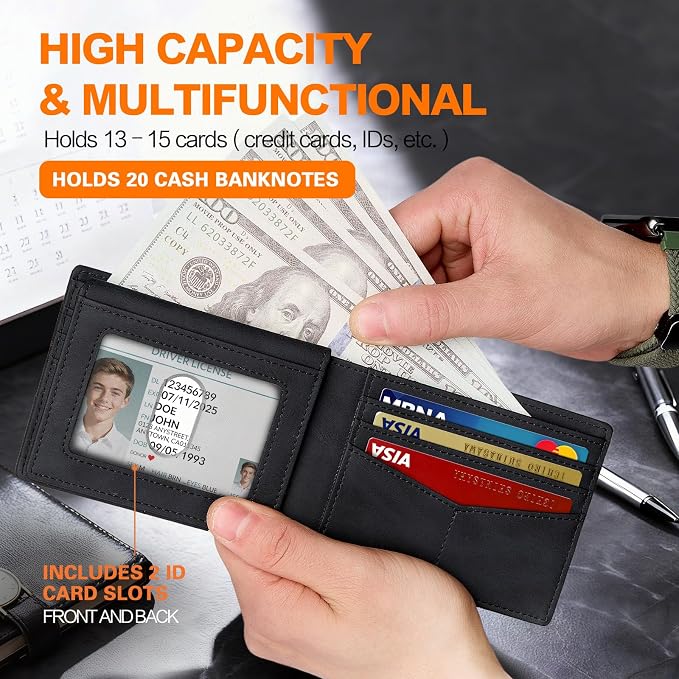 Wallet for Men Slim RFID Blocking Bifold Carbon Fiber,Minimalist Small Compact Front Pocket Credit Card Holder,Thin Mens Leather Wallets Smart Security With 2 ID windows 1 Cash (Crazy Horse Black) - Image 4