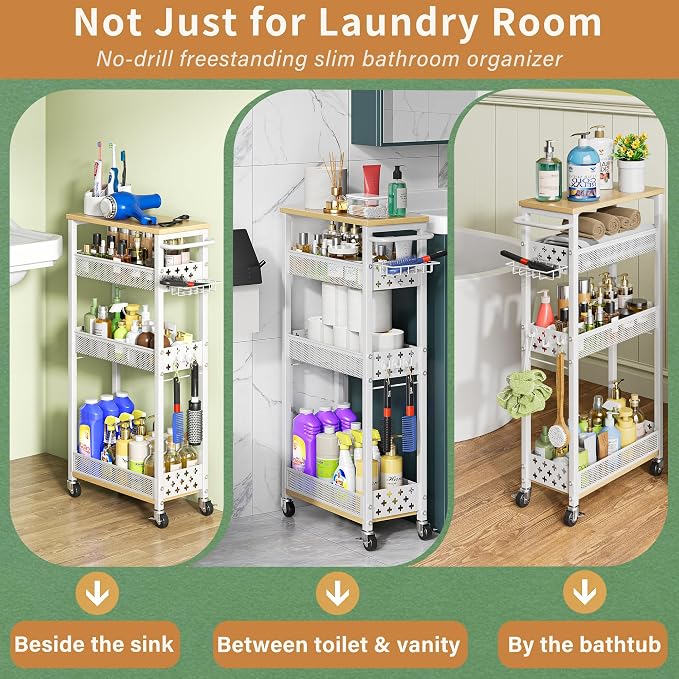 OKZEST Slim Laundry Room Organization Cart with Detergent Dispenser Holder | Holds tall bottles, Upgraded metal hub casters, 4-Tier space-saving narrow rolling cart, Premium wood & metal mesh shelves - Image 5