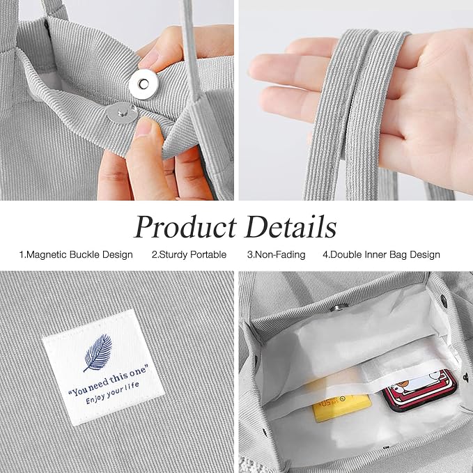 LHMTQVK Corduroy Tote Bags for Women, Large Capacity Tote Purse Reusable Grocery Shoulder Bag with Inner Pockets - Image 2
