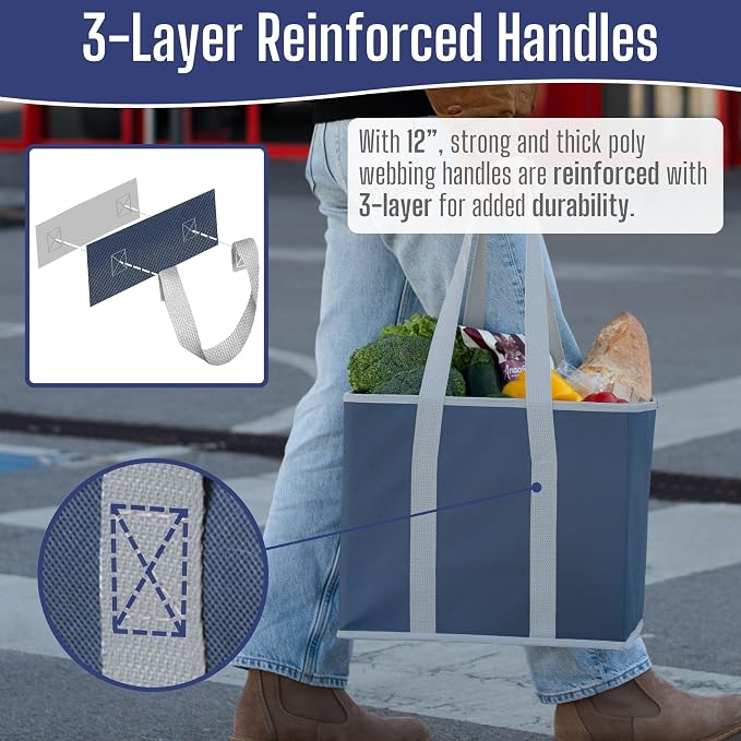 VENO 3 Pack Reusable Grocery Shopping Bags Utility Tote w/Sturdy Handles | Heavy Duty Storage Box with Hard Bottom, Foldable Picnic Basket for Groceries Shopping Cart Trunk Organizer(Blue, 6 Gallon) - Image 3