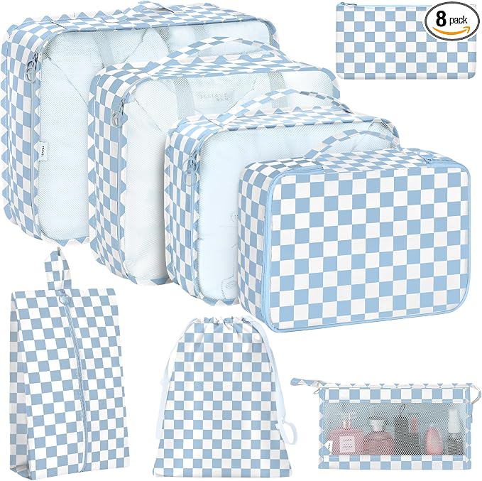 8 Set Packing Cubes for Travel, Luggage Packing Organizers Accessories Large Toiletries Bag for Clothes Shoes Cosmetics (Blue Checkered) by KPX