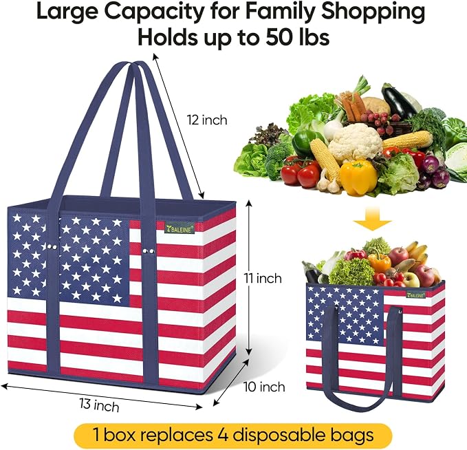 BALEINE 3PK Reusable Grocery Bags, Heavy Duty Shopping Tote Bag | 12'' Long Handles, Reinforced Bottom Keeps Upright, Fold Flat Storage, Water-Resistant Shopping Bag, Multiple Color Options - Image 3
