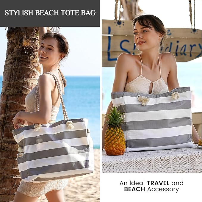 Clothirily Beach Bag for Women, Large Beach Tote Bag Waterproof with Zipper | Large Capacity Swim Pool Bag, Inner Pockets, Sandproof Foldable Beach Tote for Travel Essentials - Image 2