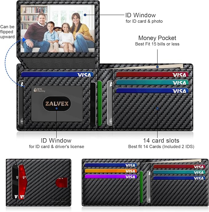 ZALVEX Wallet for Men Slim RFID Blocking Leather Credit Card Holder Wallet | 14 Cards Bifold Minimalist Thin Wallet with 2 ID Windows & Cash Slot Front Pockt Carteras Para Hombres Birthday Gifts for Men - Image 2