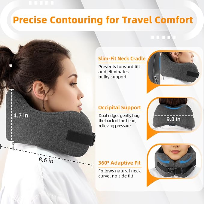 Neck Pillow Airplane Travel Set - Pure Memory Foam Travel Neck Pillow, Plane Pillow for Long Flights Essentials, Sleeping with 3D Contoured Eye Mask, Earplugs, Portable Bag (DeepGray) - Image 3
