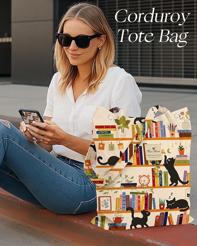 Miss Adola Corduroy Tote Bag for Women with Aesthetic Design | Magnetic Buckle & Pocket, Reusable, Soft, Roomy, Long Shoulder Handles, Double-sided Print, Casual Daily Work, Grocery Bags - Image 6