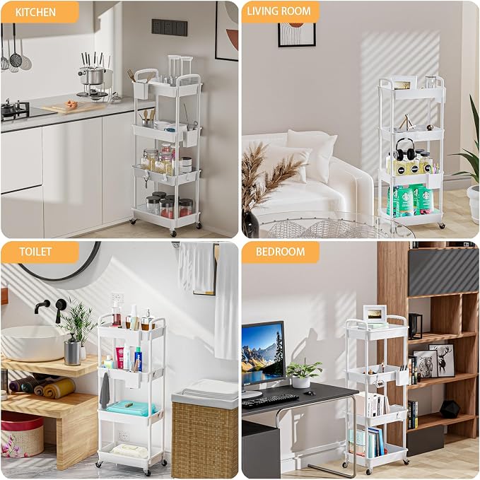 4 Tier Rolling Utility Cart with Handle,REBECAT Utility Cart Made of Multifunctional Storage Organizer Tool for Kitchen,Bathroom,Living Room,Office(White) - Image 6