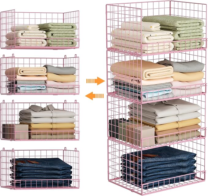 4-Tier Closet Organizers and Storage, Stackable Closet Organizer Basket, Foldable Closet Shelf Organizer Basket, Stackable Storage Bins and Organizer Shelves for Home Closet Organizer System, Pink - Image 8
