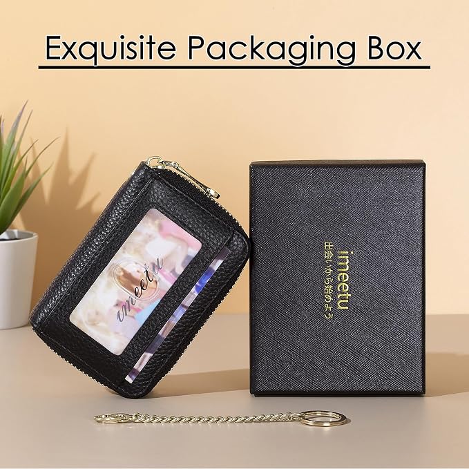 imeetu RFID Credit Card Holder, Small Card Wallet Women, Leather Card Case | Genuine Leather Women's Card & id Cases, Change Coin Purse with Zipper Keychain id Window, 20 Colors & 3 Styles, Daily, Gifts - Image 8