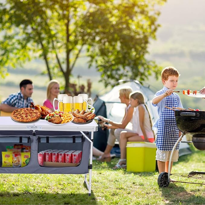 Folding Camping Table with Storage, Adjustable Height | Lightweight aluminum folding table with storage compartment for camping, tailgating, picnics, BBQs and backyard use - Image 2