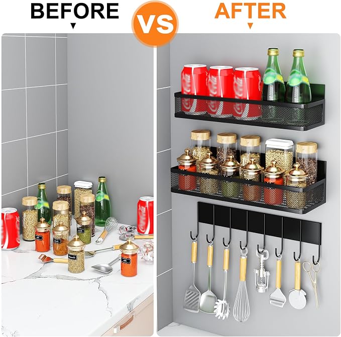 Aufworld Magnetic Spice Rack for Refrigerator, 3 Pack Magnetic Shelf, Moveable Fridge Organizer with 8-Hook Rack, Seasoning Organizer for Kitchen - Image 4
