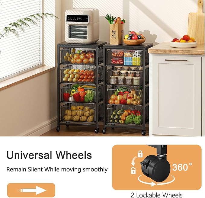 4-Tier Fruit Vegetable Storage Cart - Kitchen Organizer and Storage Cart with Wheels, Wooden Top Metal Wire Fruit Vegetable Rack Stand with Drawers to Storage Cans Snacks for Kitchen(Patent Pending) - Image 2