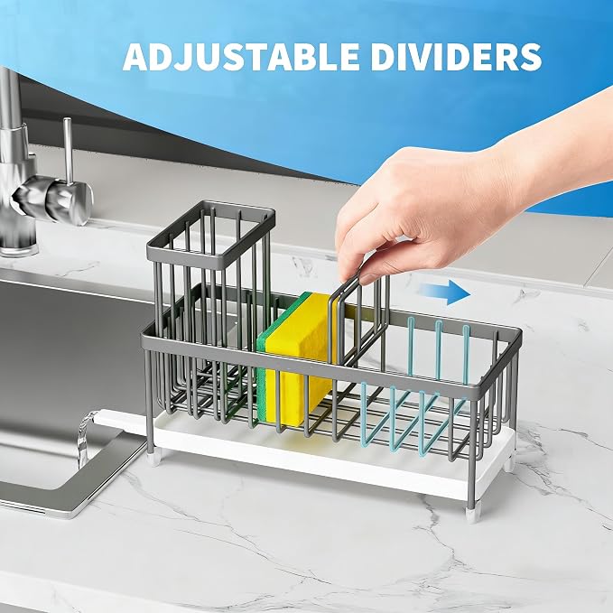 Cisily Sponge Holder for Kitchen Sink, Sink Caddy Organizer with High Brush Holder, Kitchen Countertop Organizers and Storage Essentials, Rustproof 304 Stainless Steel (Gray, 9.25″) - Image 4