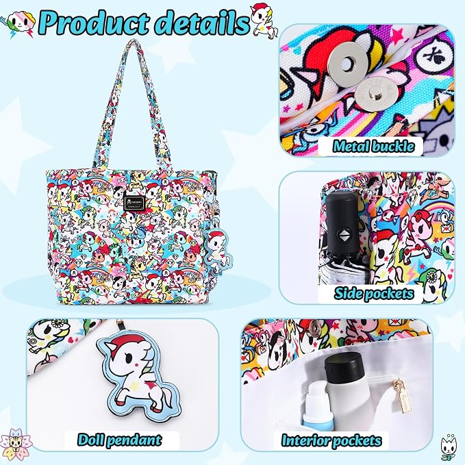 tokidoki Unicorno Foldable Tote Bag for Women, Canvas Tote Bags with Doll Portable Shoulder Handbag for school Work Travel - Image 5