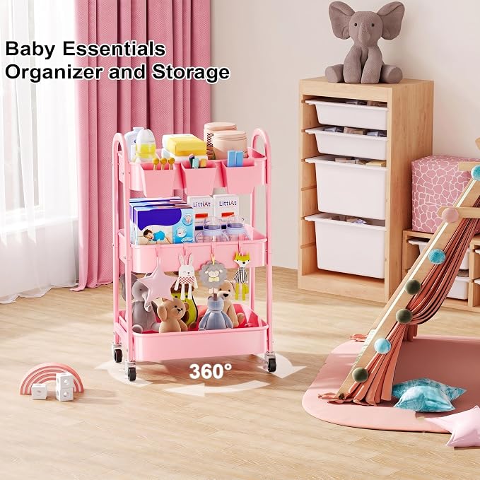 3 Tier Rolling Storage Cart Metal with Wheels, Pink Three Tiered Craft Cart | Utility Roller Shelf Carts on Wheels for Baby Nursery, Diaper Caddy, Art, Book, Nail Organizer, Makeup,Lash,Tech, Salon, Hair - Image 4