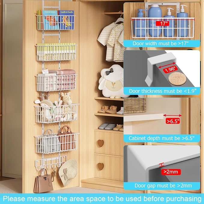 Hongtamoya Over The Door Organizer, Hanging Door Organizer with 5 Metal Baskets, Behind The Door Storage for Pantry Closet Bedroom Bathroom Cabinet Kitchen, White - Image 5