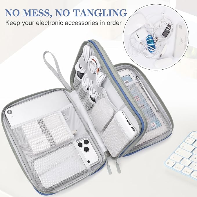 FYY Electronic Organizer, Travel Tech Pouch Bag, Extra Large, Blue Quilted | Wrist Strap, Waterproof, Double Layers Electronics Travel Case for iPad, Cord, Laptop Charger, Daily and Business Trips Use - Image 5