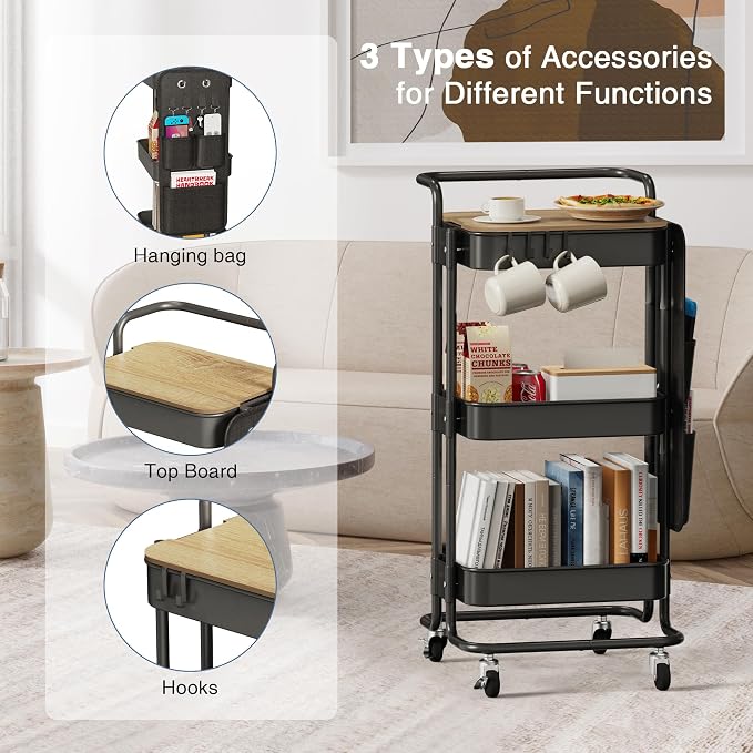 DTK 3 Tier Metal Utility Rolling Cart with Table Top and Side Bags, Tray Storage Organizer Wheels, Art Craft 4 Hooks for Kitchen Bathroom Office Living Room (Black) - Image 5