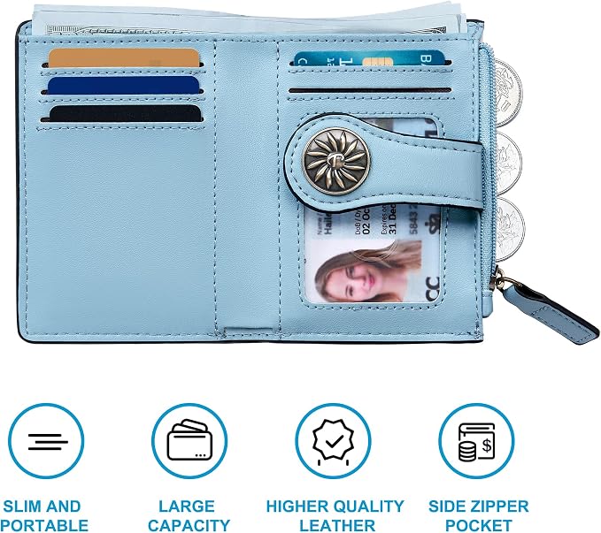 Tipmile Small Wallet Women Bifold RFID Blocking Card Holder Leather Wallets with Zipper Coin Pocket, White & Blue - Image 2