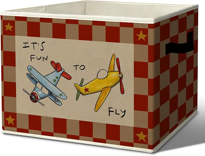 Rustic It's Fun To Fly Airplane Storage Bins Boxes with Handles | toys books clothes, red checkered nursery foldable basket for organizing bedroom toddler room playroom by Unknown