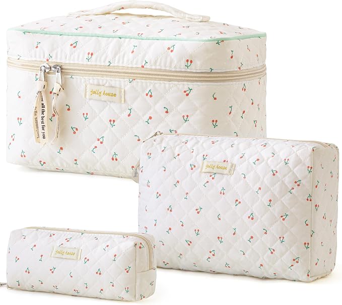 HBselect Quilted Makeup Bag, 3Pcs Cotton Large Travel Makeup Bags Organizer | Cute Floral Make up Bag Cosmetic Bag Toiletry Bag for Women Girls, Makeup Pouch for Skincare, Brushes & Travel Essentials by HBselect