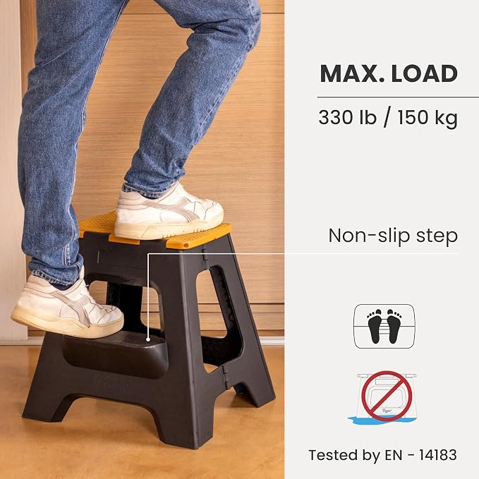 Vigar Compact Folding Step Stool, 16 in 2 Step, Black Bamboo Print | 16 in Foldable Stool, Lightweight Portable Design, Handle, Non Slip Surface, Space-Saving, Supports up to 330 lb - Image 5