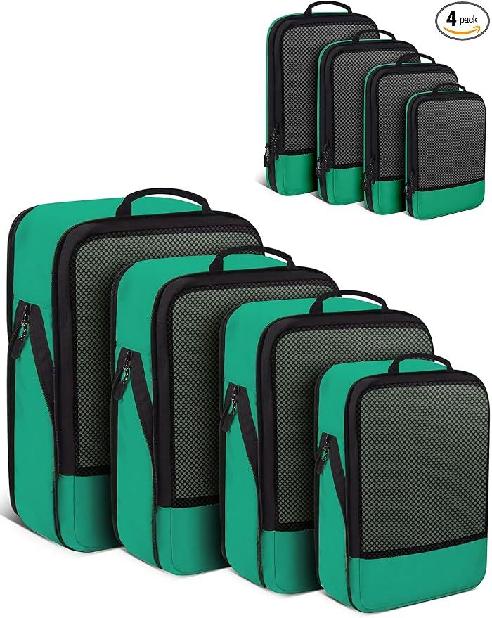 4 PCS Set Compression Packing Cubes for Travel, Lightweight Packaging Organizer Bags for Carry On Space Saving, Travel Essentials Cubes for Suitcase Backpack, Green by SDGFUI