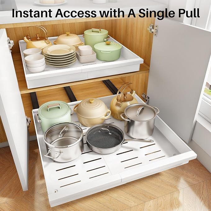 Pull out Cabinet Organizer, 2-Pack Expandable(13.6"-24") Silde out Drawers with Raising Pad for Framed Cabinets, Adjustable Full-Extension Adhesive Roll out Shelves for Kitchen Pantry Home Pot and Pan - Image 6