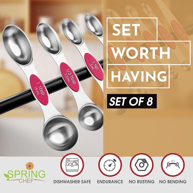 Spring Chef Dual Sided Magnetic Measuring Spoons Set of 8 for Kitchen, Pink | Stainless Steel Teaspoon & Tablespoon Measuring Spoons with Leveler for Dry & Liquid Ingredients, Nesting, Dishwasher Safe - Image 2