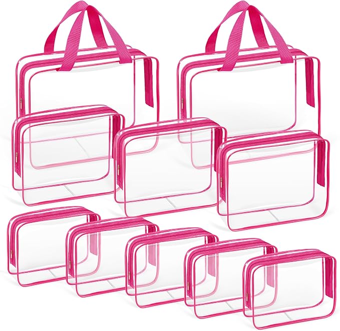 TISRATOK 10 PCS Clear Travel Bags for Toiletries, Clear Makeup Bags（Rose） | 3 Size plastic clear bags with zipper handbag, TSA approved cosmetic pouch for travel, swimsuit,toy storage bags by TISRATOK