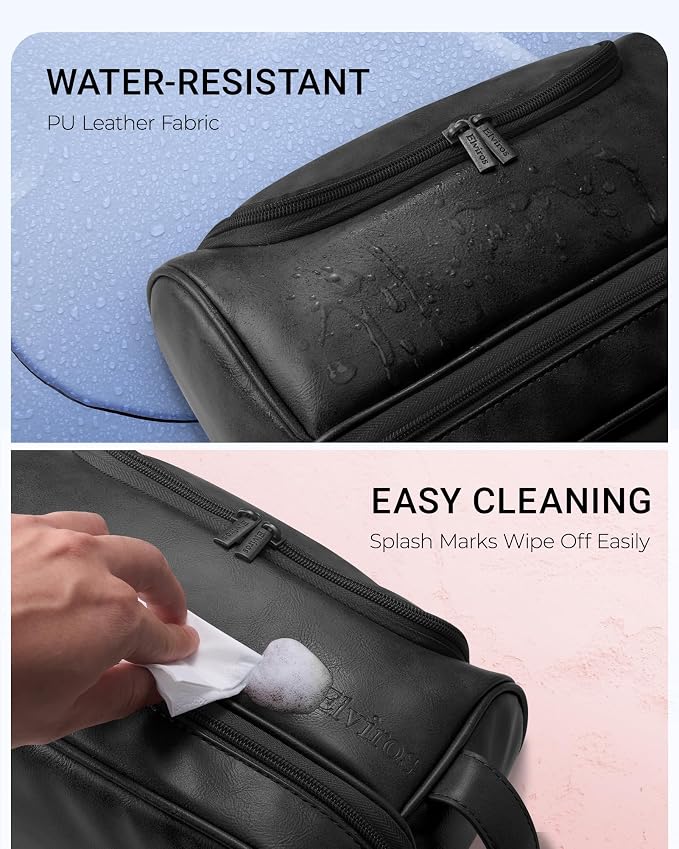 Elviros Hanging Toiletry Bag for Men PU Leather Shaving Kit (Black) | Water-Resistant Travel Organizer with Hanging Hook for Toiletries, Shaving Tools, Grooming Items, and Daily Storage - Image 5