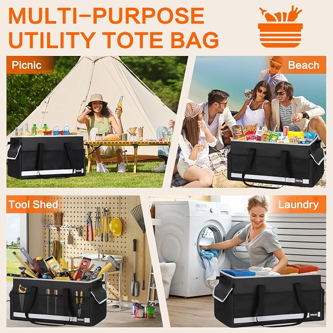 Upgrade Extra Large Utility Tote Bag with Reflective Strip, Standing Reusable Grocery Bags with Hard Bottom & 4 Sided Reinforced, Collapsible Utility Tote with Handles for Shopping, Beach, Car | Upgrade - Image 8