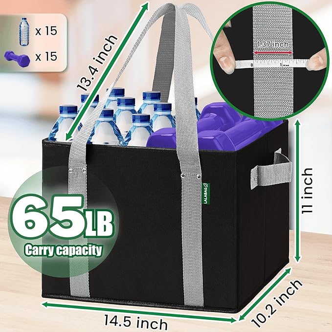 Reusable Grocery Bags (3 Pack ) - Heavy Duty Eco Tote Bags with Box Shape to Stand Up, Hold Up to 65 Lbs - Stay Open & Fold Flat - Foldable Reusable Shopping Bags with Long Handles & Hard Bottom - Image 3