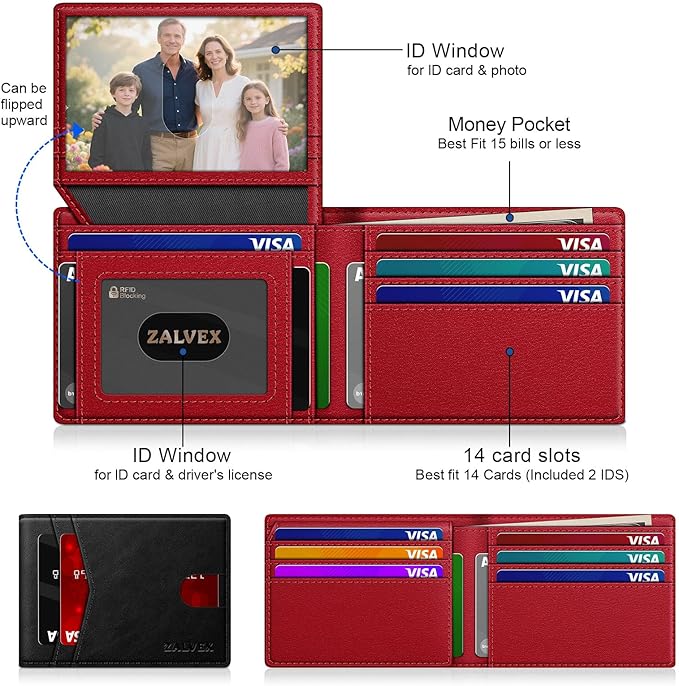 ZALVEX Wallet for Men Slim RFID Blocking Leather Credit Card Holder Wallet | 14 Cards Bifold Minimalist Thin Wallet with 2 ID Windows & Cash Slot Front Pockt Carteras Para Hombres Birthday Gifts for Men - Image 2