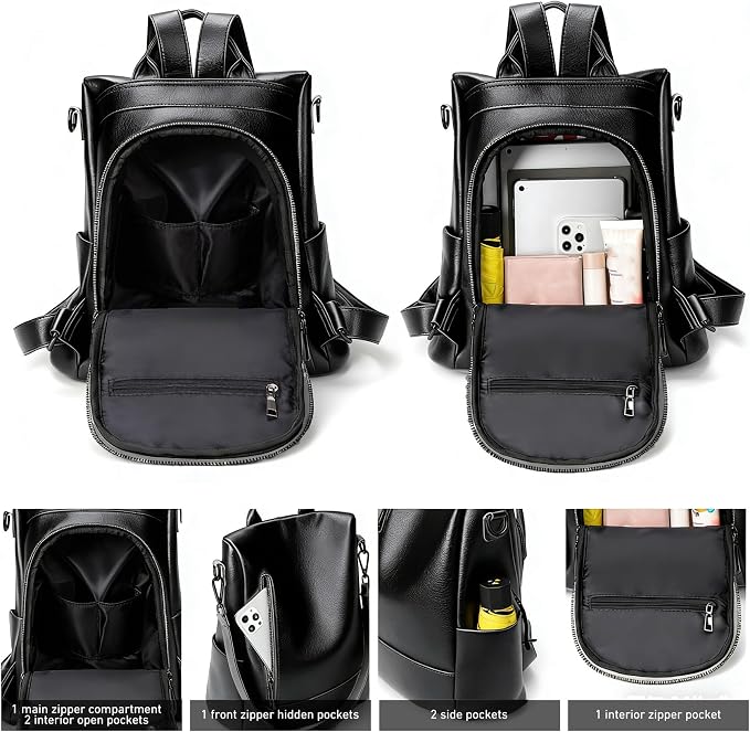 Fashion Backpack Purse For Women Anti-theft Rucksack Pu Leather Lightweight Water-resistant Shoulder Bag, Black - Image 3