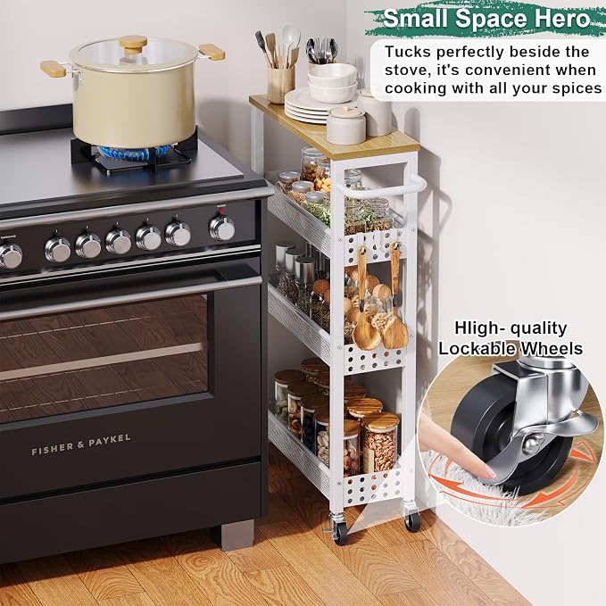 4 Tier Slim Rolling Cart with Wheels for Between Washer and Dryer Storage | White Metal Rolling Spice Rack Next to Fridge, Narrow Kitchen Cabinet for Small Spaces, Laundry Room Organizer Carts - Image 3