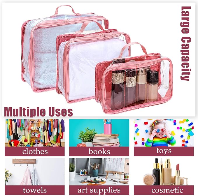 Hillban 6 Pcs Pink Large Clear Travel Packing Cube 3 Sizes See Through PVC Organizer for Suitcase Multipurpose Pouch with Handle Vinyl Zippered Storage Bags Luggage Cube Organizer - Image 7
