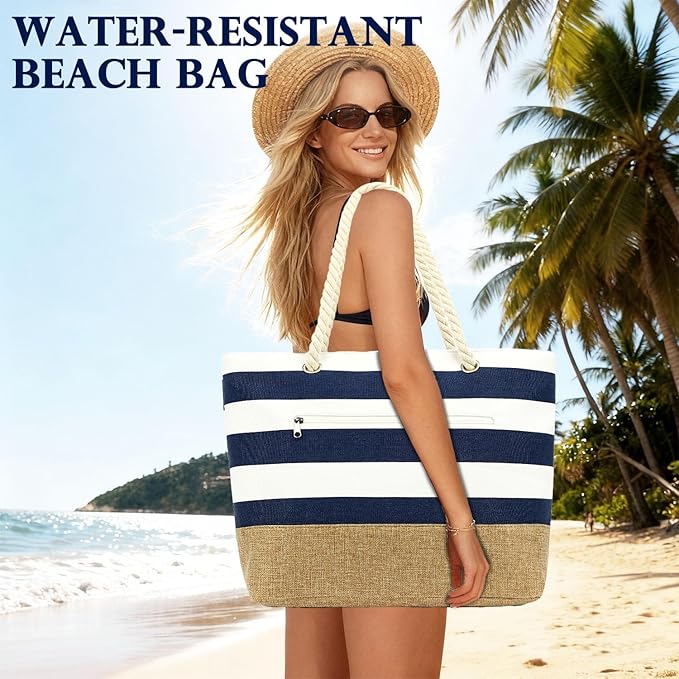 Fammart Beach Bags Waterproof Sandproof for Women, Large Canvas Pool Bag with Leakproof Wet Pocket & Zipper Cruise Essentials - Image 2