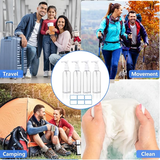 DTDNZKN 4 Pack 3.4 Oz (100ml) TSA Approved Travel Pump Bottles | Refillable Plastic Lotion Dispenser Leakproof Pump Bottle for Toiletries Clear Travel Size Bottles with Labels - Image 6