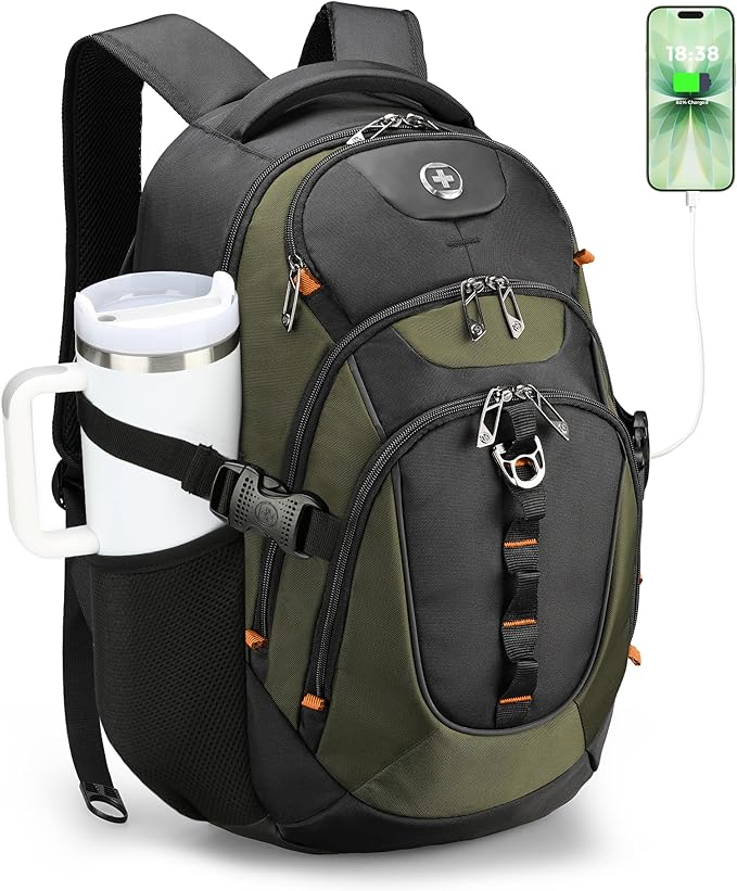 Swissdigital Design Laptop Backpack with USB Charging Port, Travel Backpack Fits 15.6 inches Computer, 31L College School Backpack for Men, Olive/Black | SD803-26 by SwissdigitalDesign