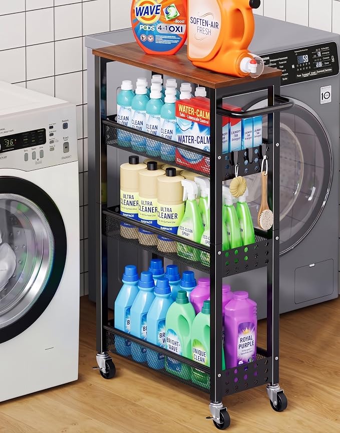 Laundry Room Slim Rolling Cart with Wheels for Between Washer and Dryer Gap | Utility Slim Storage Cart with Table Top, Small Laundry Organizers and Storage Shelves, Thin Shelf for Narrow Spaces, 4 Tier by Unknown