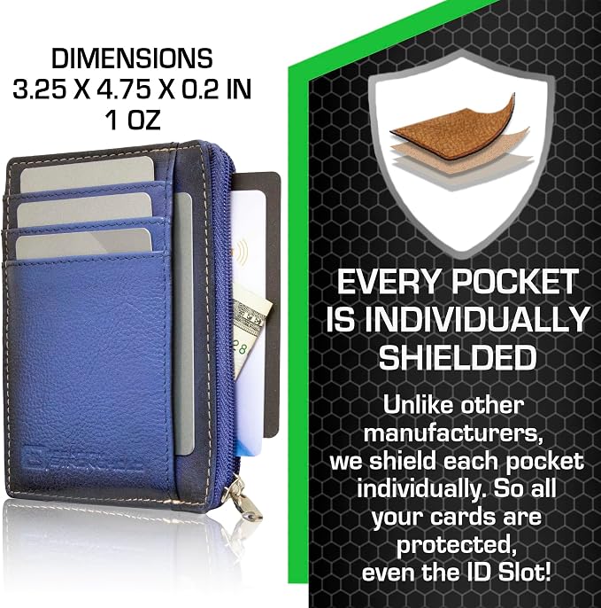 ID STRONGHOLD RFID Front Pocket Wallet Mini Minimalist Wallet Slim Wallet Genuine Leather with Zipper , Royal Blue , Small - Image 3